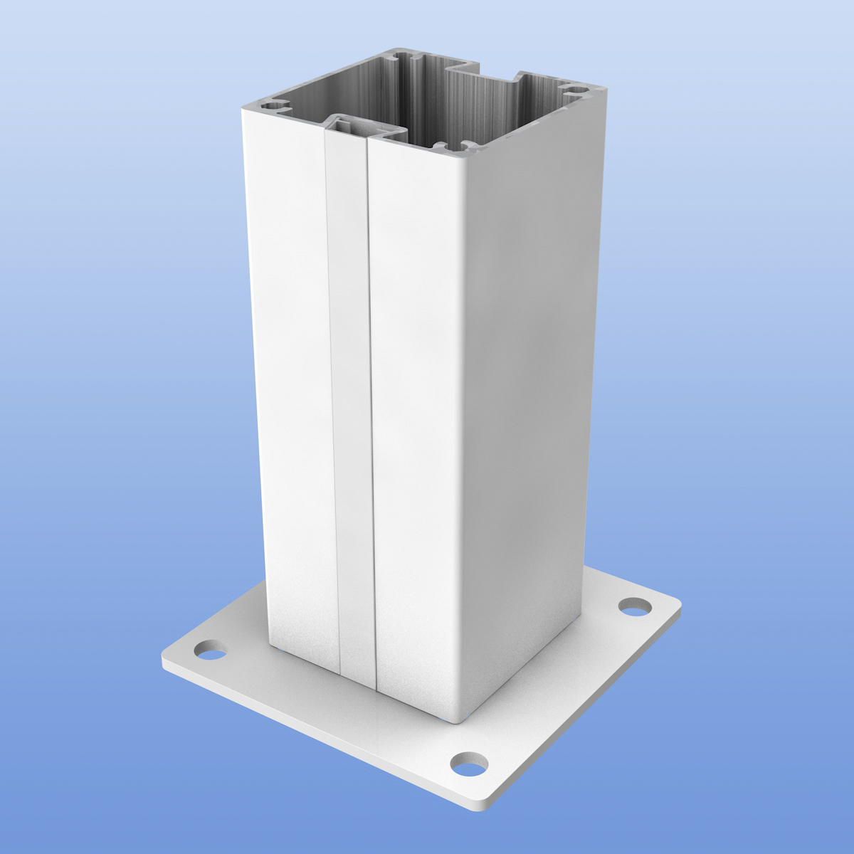 Nutpfosten mit zwei Nuten 90 x 90 mm aus Aluminium mit Abstandsgleiter und Bodenplatte