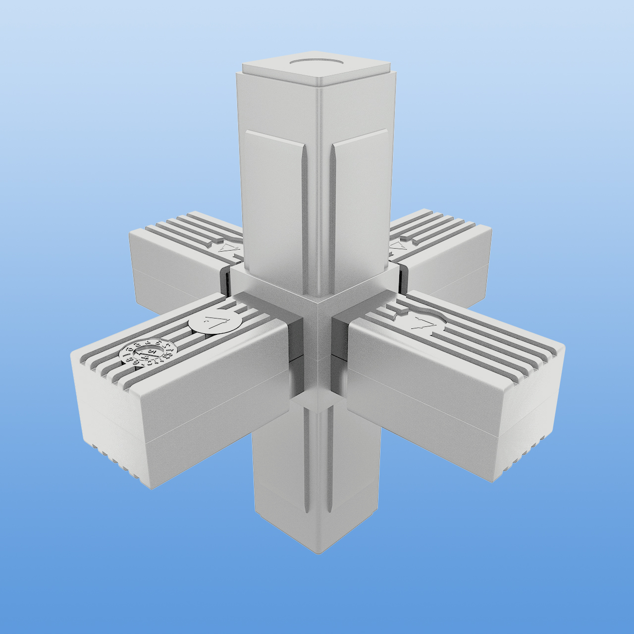 Steckverbinder für 30 x 30 x 2mm Vierkantrohr | Kreuzverbinder mit zwei Abgängen | Grau RAL 7035 mit Stahlkern