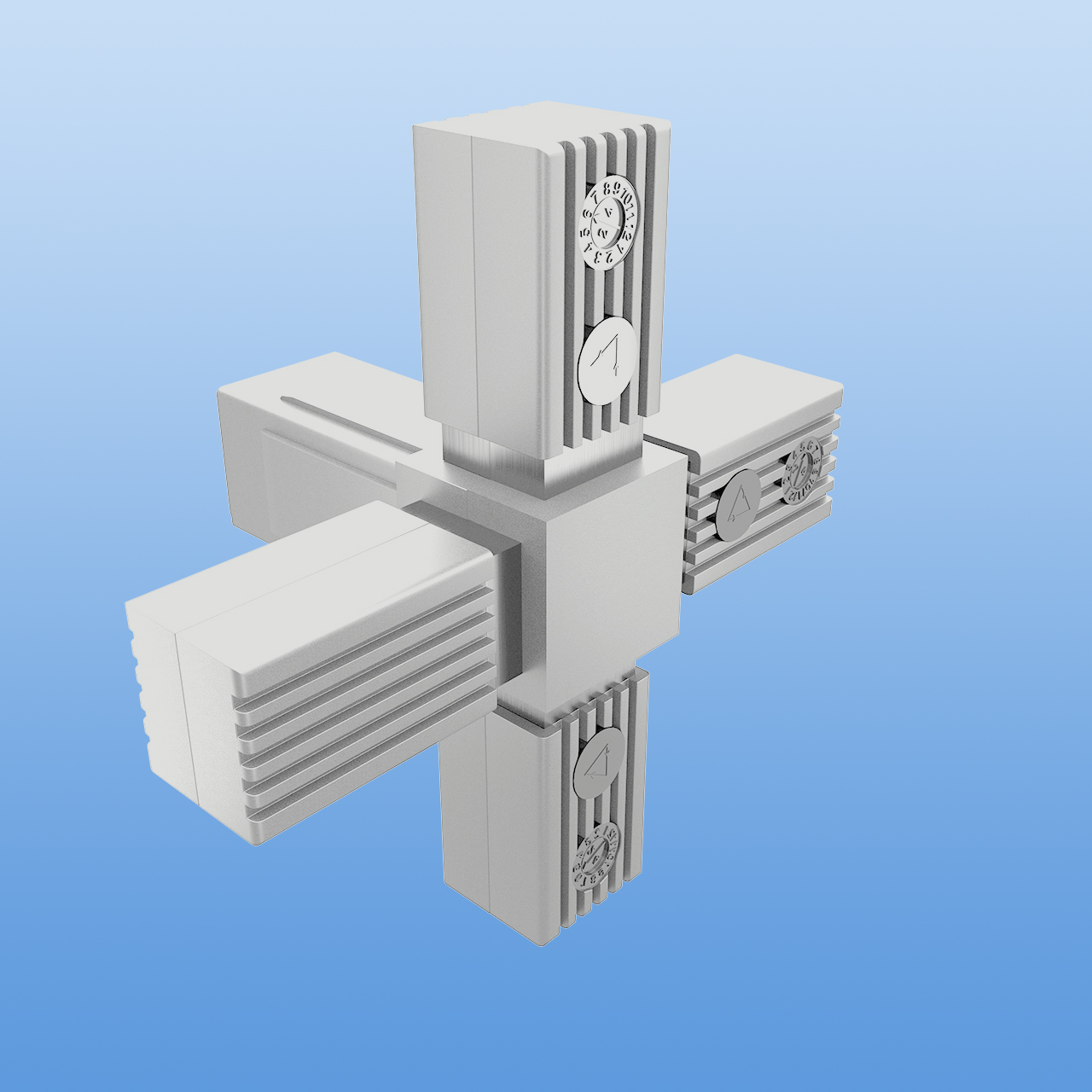Steckverbinder für 30 x 30 x 2 mm Vierkantrohr | Kreuzverbinder mit einem Abgang | Grau RAL 7035 mit Stahlkern