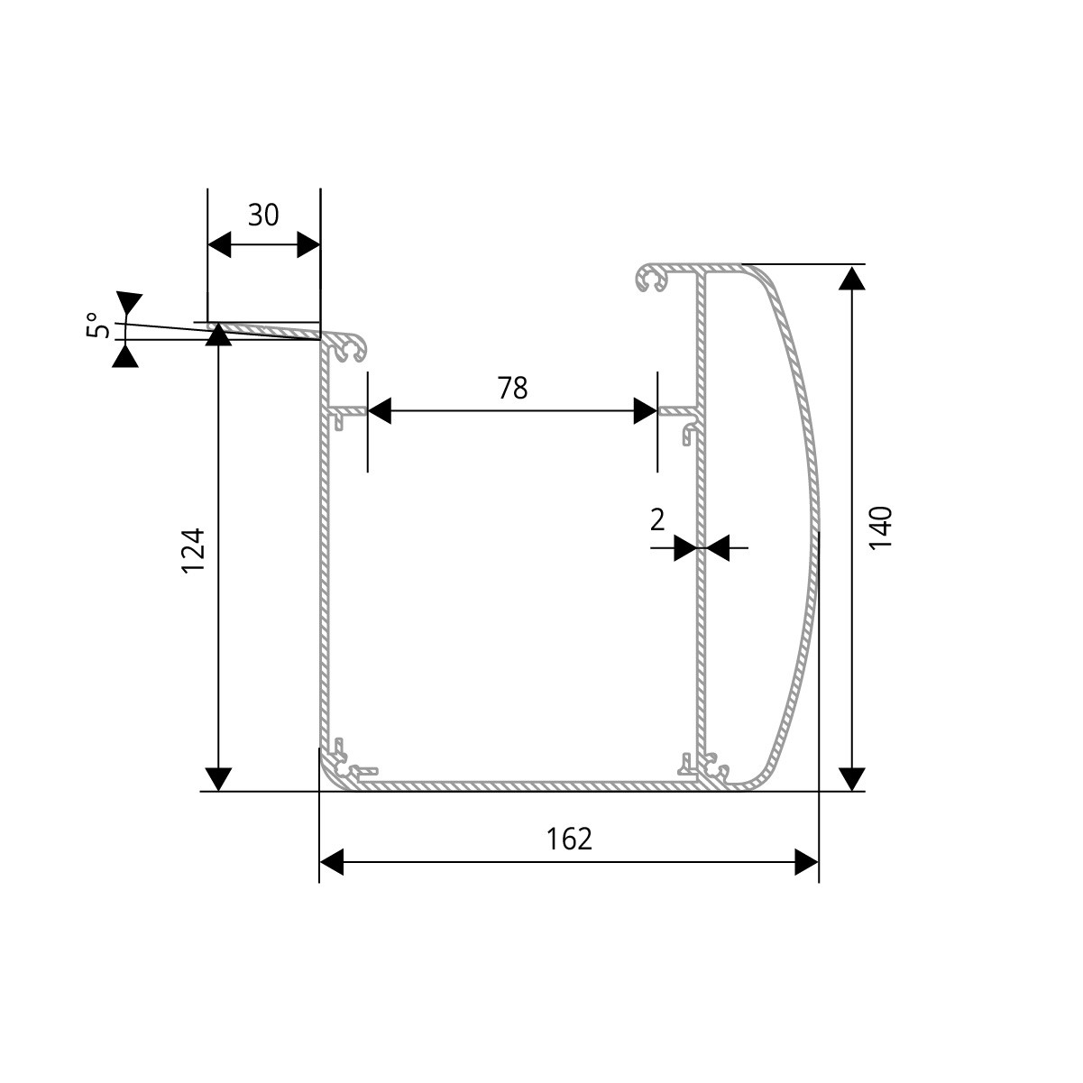 Kastenrinne aus Aluminium "RX-Line" incl. Endkappen- Zeichnung