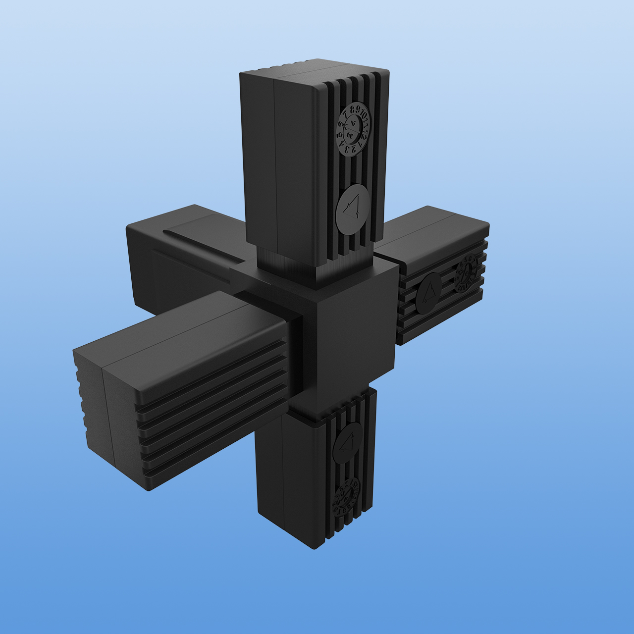 Steckverbinder für 30 x 30 x 2 mm Vierkantrohr | Kreuzverbinder mit einem Abgang | Schwarz mit Stahlkern