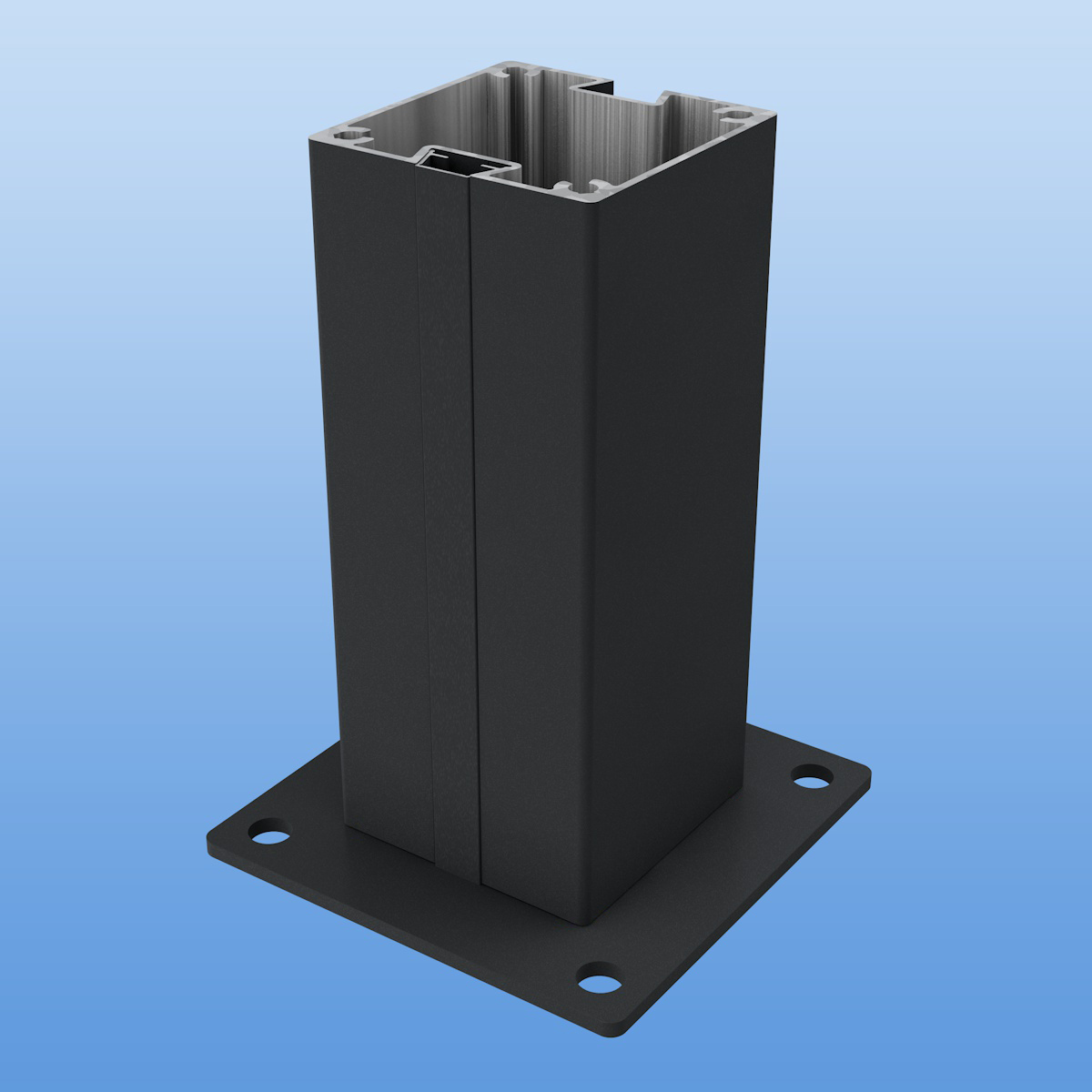 Nutpfosten mit zwei Nuten 90 x 90 mm aus Aluminium mit Abstandsgleiter und Bodenplatte